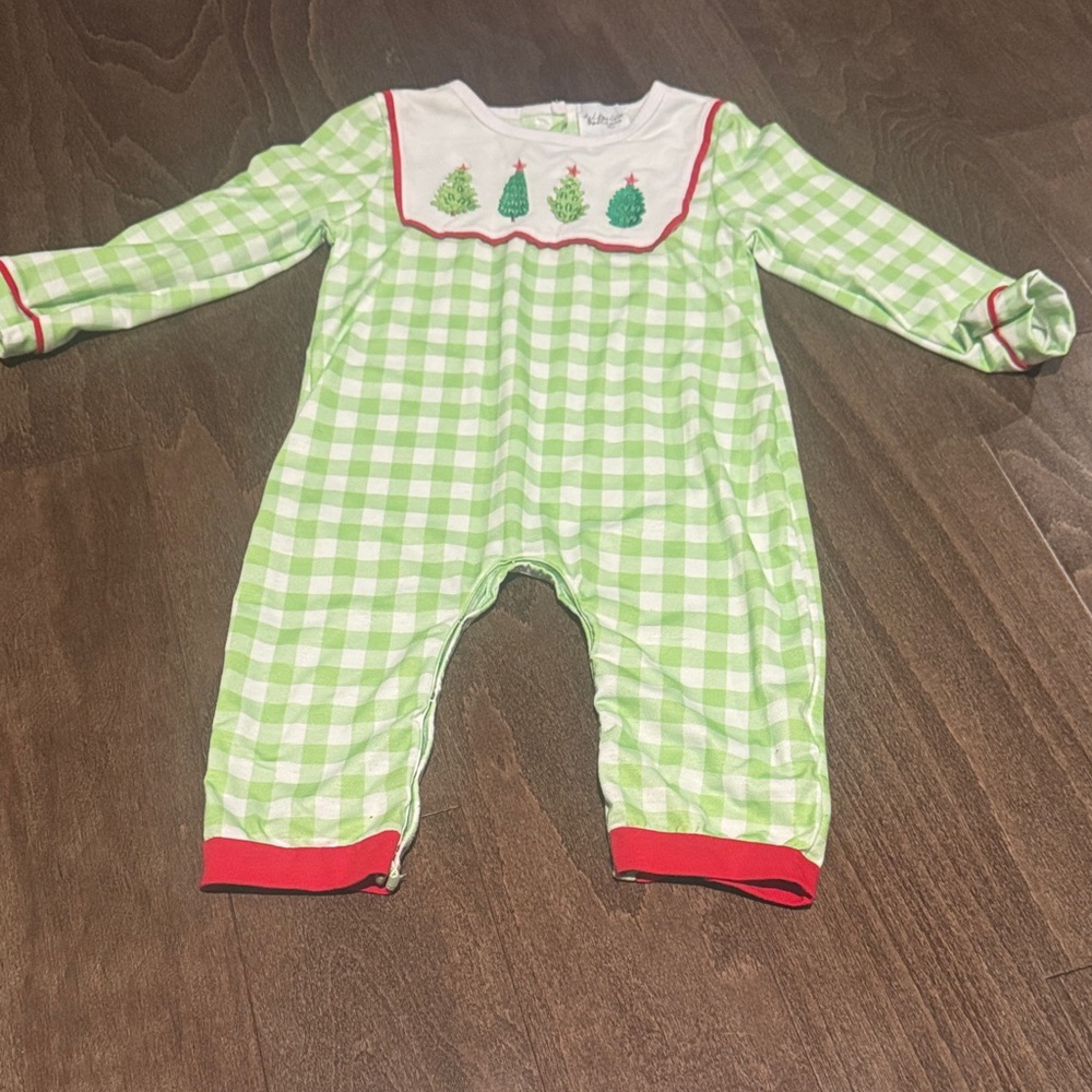 Green Checkered Kids Footie with Red Trim